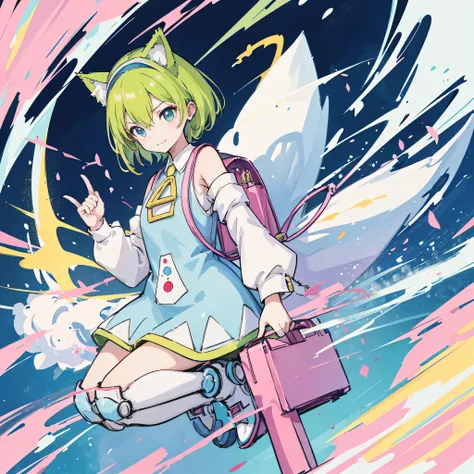 1girl, clock,Melted Clock,Deltamon,(girl sitting),Light green short bob hair、Light green cat ears headband、Exposing shoulder skin、((Mechanical legs))、light blue tail、(pink school bag)、light blue dress、White armsleeves、light blue high socks、pink shoes、Trian...