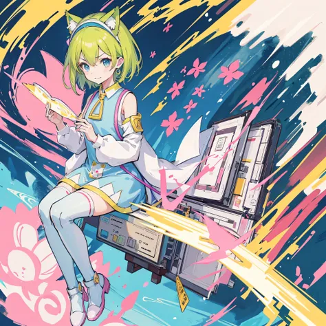 1girl, clock,Melted Clock,Deltamon,(girl sitting),Light green short bob hair、Light green cat ears headband、Exposing shoulder skin、(Mechanical legs)、light blue tail、pink school bag、light blue dress、White armsleeves、light blue high socks、pink shoes、Triangula...