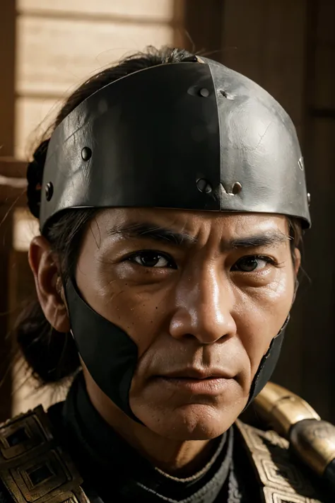 Realistic ultra HD close-up portrait，A samurai wearing a war mask, Wrinkles ,Facial expressions show strong emotions