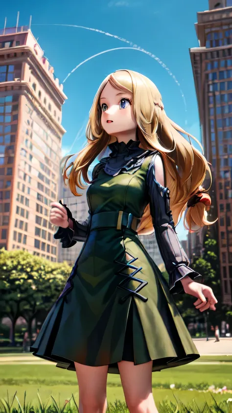 Blonde long hair girl standing on green grass in park with blue sky and buildings in the background.Low angle camera
