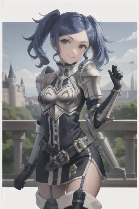 cynthia, twintails, thighhighs, armor, short dress, boots, thigh boots, dress, elbow gloves, zettai ryouiki, breastplate, shoulder armor, belt, garter straps, blue hair
masterpiece, best quality, absurdres, castle garden, smile, looking at viewer, upper bo...