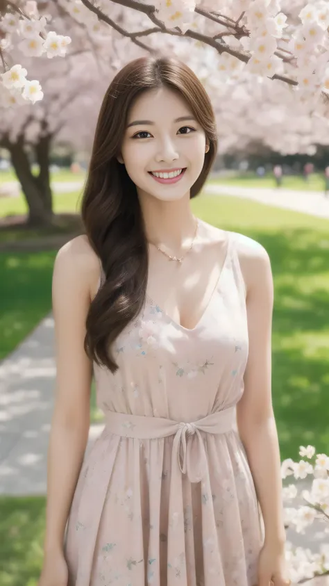 hostess face、Married woman、floral pattern dress、high quality、Super Ultra Realistic、healthy、smiling face、Medium build, medium height、Japanese beauty、 necklace、perfect eyes beautiful skin、Upper body、looking at the camera、Cherry blossom park in full bloom