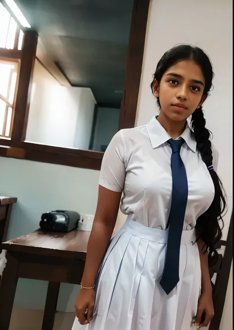 raw photo , 1 girl  ,wearing white frock and color tie, white shoes ,sri lanka teen school girl, from bakc view ,  with plait , ...