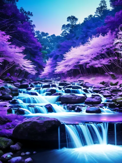 a purple moon over a stream of water with stars, digital art by Ju Lian, tumblr, digital art, glowing purple, purple glow, purple water, nebula waterfalls, purple magic, galactic waterfalls, cosmic purple space!, purple colors, soft purple glow, purple bio...