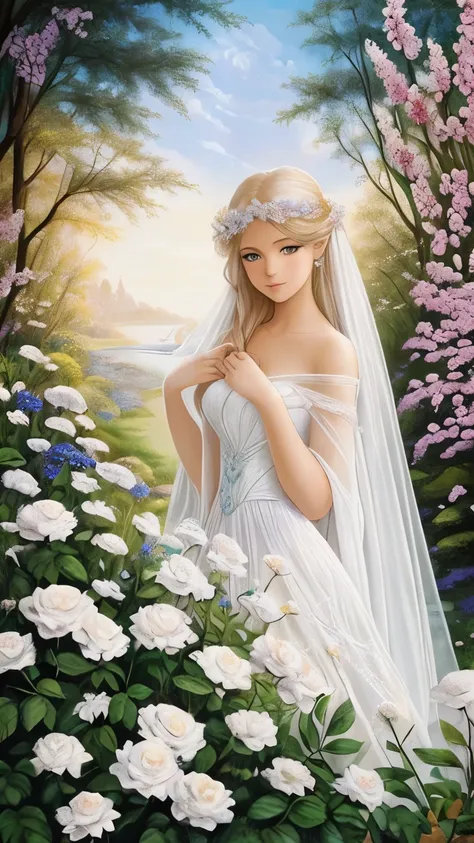 painting of a woman in a white dress sitting on a white rose, with frozen flowers around her, ethereal beauty, galadriel, beautiful fantasy painting, inspired by Nene Thomas, ethereal fairytale, inspired by Edward Robert Hughes, fantasy oil painting, ether...