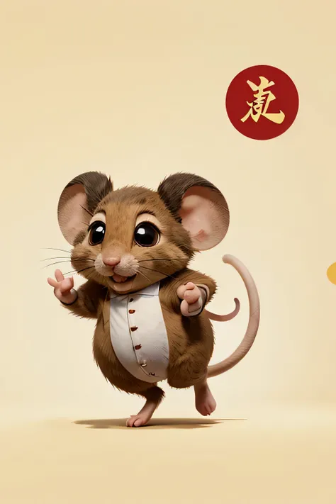 Cartoon mouse, the mouse in the story of the Chinese zodiac, running for trophies, the mouse has big eyes, round belly, the overall painting style is very simple, can be used as a childrens story of picture book image