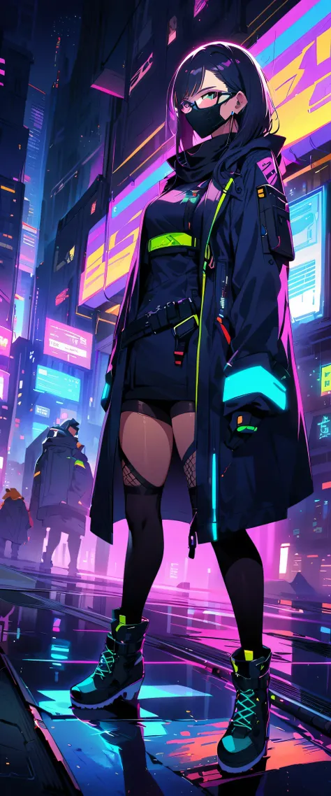 （best quality），Cyberpunk female ninja，(face mask)，Stylish details clothing，beautiful detailed face，(Glasses)，stylish shoes，Neon-lit cityscape，dystopian metropolis，Holographic projection，Invisible City，High-tech weapons，futuristic gadgets，Stylish cybernetic...