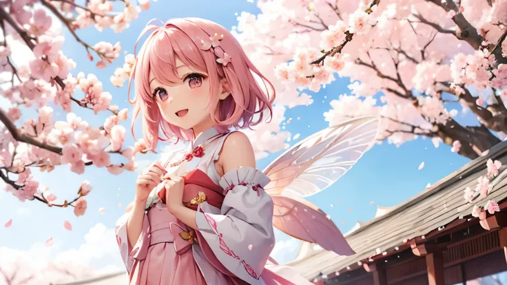 Pink cherry blossom fairy、small、flying、The background is cherry blossoms in full bloom