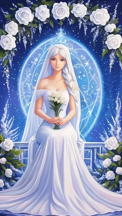 painting of a woman in a white dress sitting on a white rose, an acrylic painting inspired by Nene Thomas, deviantart contest winner, fantasy art, with frozen flowers around her, ethereal beauty, galadriel, beautiful fantasy painting, ethereal fairytale, f...