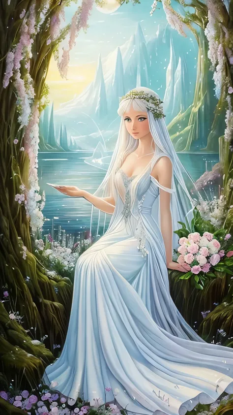 painting of a woman in a white dress sitting on a white rose, with frozen flowers around her, ethereal beauty, galadriel, beautiful fantasy painting, inspired by Nene Thomas, ethereal fairytale, inspired by Edward Robert Hughes, fantasy oil painting, ether...