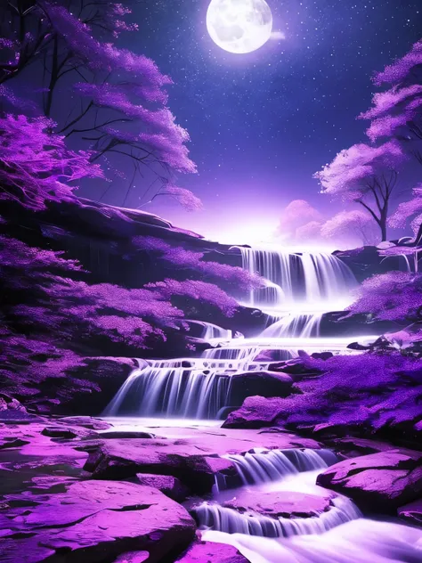 a purple moon over a stream of water with stars, digital art by Ju Lian, tumblr, digital art, glowing purple, purple glow, purple water, nebula waterfalls, purple magic, galactic waterfalls, cosmic purple space!, purple colors, soft purple glow, purple bio...