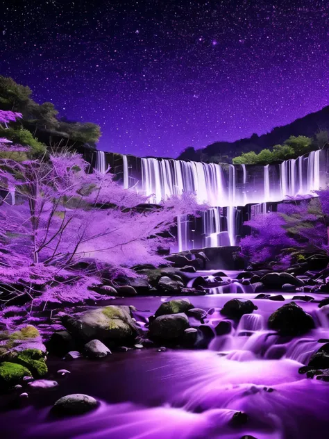 a purple moon over a stream of water with stars, glowing purple, purple glow, purple water, nebula waterfalls, purple magic, galactic waterfalls, cosmic purple space!, purple colors, soft purple glow, purple bioluminescence, purple aura, the walls purple a...