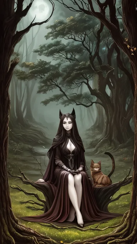 a painting of a woman sitting on a tree with a cat, in style of dark fantasy art, fantasy dark art, dark fantasy art, dark fantasy style art, eerie art style, witchy, beautiful depiction, witch fairytale, dark fantasy illustration, by Yang J, beautiful wit...