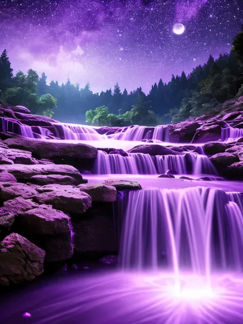 a purple moon over a stream of water with stars, glowing purple, purple glow, purple water, nebula waterfalls, purple magic, galactic waterfalls, cosmic purple space!, purple colors, soft purple glow, purple bioluminescence, purple aura, the walls purple a...