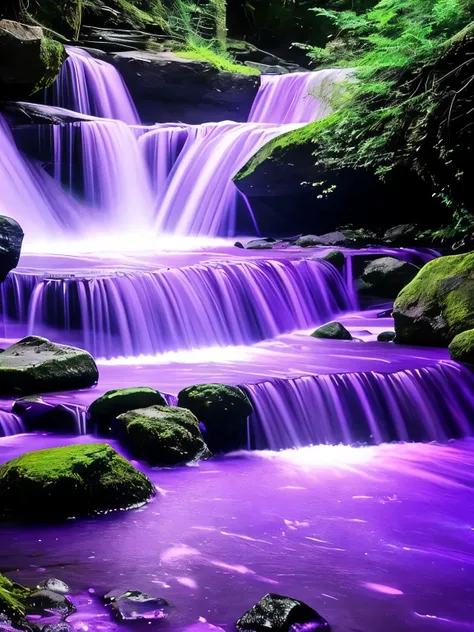 a purple moon over a stream of water with stars, glowing purple, purple glow, purple water, nebula waterfalls, purple magic, galactic waterfalls, cosmic purple space!, purple colors, soft purple glow, purple bioluminescence, purple aura, the walls purple a...