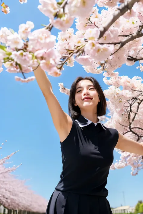 (Wearing a collared blouse、A girl with small breasts and short hair:1.5)、(The girl spreads her arms wide with a small smile、Let your hair fly in the wind :1.5)、(Rows of cherry blossom trees in full bloom and cherry blossom petals dancing in the wind:1.5)、(...