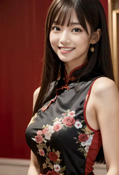 (((red room:1.3, indoor, photographed from the front))), ((long hair:1.3,black cheongsam clothing,japanese woman,smile,cute)), (...