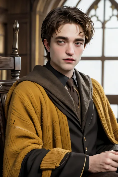 Robert Pattinson as Cedric Diggory, in Hufflepuff robe, background hogwarts, realistic style