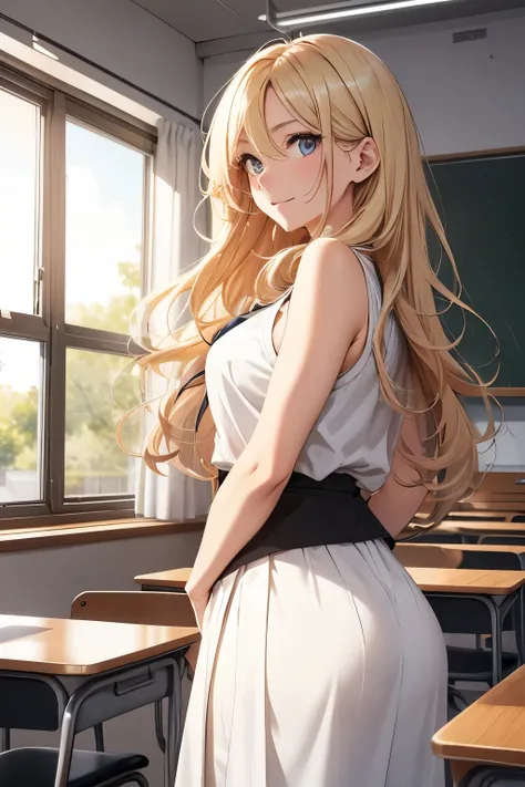 A blonde teacher with long, wavy hair stands in the middle of a classroom, playfully gazing over her shoulder as she looks back at something behind her. Her sleeveless blouse exposes a hint of her rounded bottom, adding a playful and alluring touch to her ...