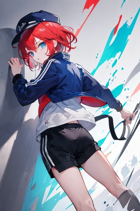 ((highest quality)), ((masterpiece)), (be familiar with), perfect face,red hair,Beautiful blue eyes,blue jacket,black clothes,Grey Cap,black shorts,I&#39;m absentminded,neutral,1 girl,The whole body is shown,short hair