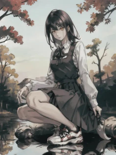 yoru (chainsaw man), pinafore dress, shirt, neck ribbon, long sleeves, (black hair:1.2), red eyes, (reflections:1.2), (outdoors background:1.3), (sneaker:1.3), (masterpiece:1.2, best quality), (intricate details), (1girl:1.0) ,solo, (shiny skin:1.1), model...