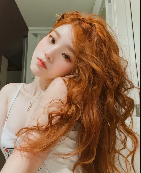 a close up of a woman with long red hair posing for a picture