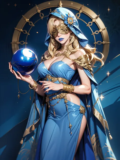 realistic:1.4, hood up:1.2, blonde hair, covered eyes, long hair, hair over shoulder, robe, blind mask, danceroutfit, light blue clothes, crystal ball, sphere, cape, blue lipstick, cleavage, 1girl, solo, (masterpiece:1.6, best quality),