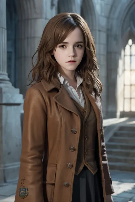 Emma Watson as Hermione Granger, background hogwarts, realistic style