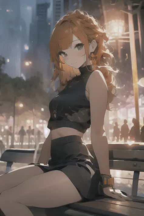 Orange hair Nami wearing black top and mini skirt sitting on a bench in a futuristic park at night.Full image of park
