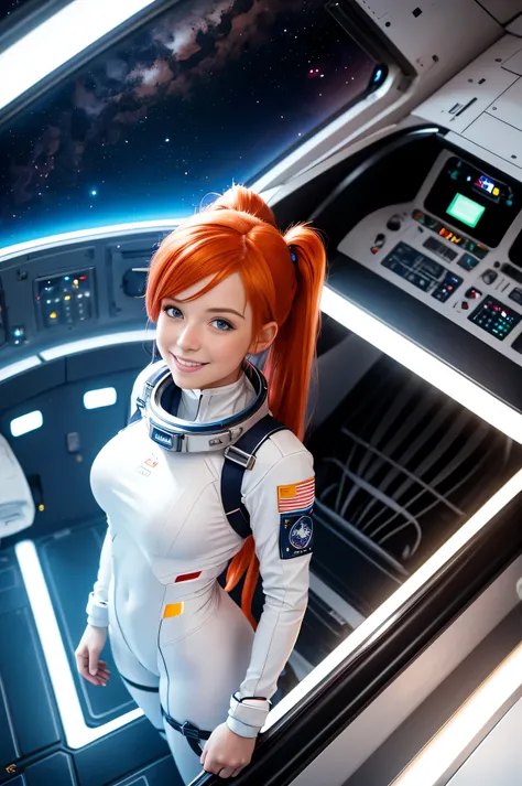 (overhead view) Cute redhead with rainbow colored hair tips, ribbons in her hair, 18-year-old woman, happy, smiling, in twin tails, perfect eyes, clear sparkling blue eyes, pale skin, silky smooth skin, flying a fancy metal luxurious space ship, futuristic...