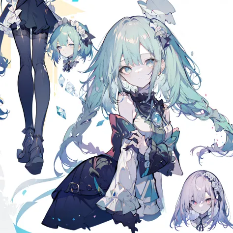 Three views of roles,Character Design,Character Design,Three Views,full body esbian,frontage,side,behind,sett,lolita prostitute,so gorgeouaximalism,extreme details,Rococo style,super long hair,intricate accessories,Complex hairstyles,gem,blue hair,