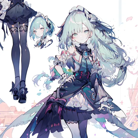 Three views of roles，Character Design，Character Design，Three Views，full body esbian，frontage，side，behind，sett，lolita prostitute，so gorgeouaximalism，extreme details，Rococo style，super long hair，intricate accessories，Complex hairstyles，gem,blue hair,