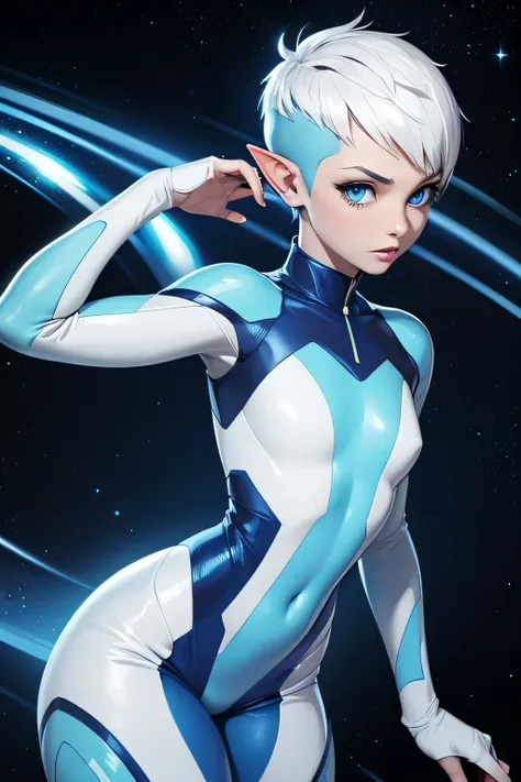 Beautiful alien woman with bright blue skin, short white hair that is shaved on the sides, blue eyes, pointed ears, a flat chest, and wide hips. Wearing a sci-fi space suit.
