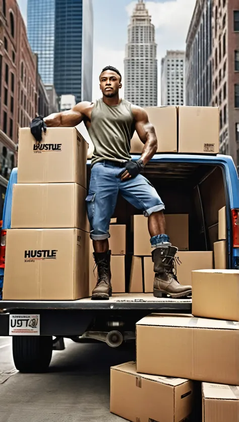 there is a man standing on the back of a truck with boxes, heavy-duty boots, bustling, by justus van gent, advertising photo, ha...