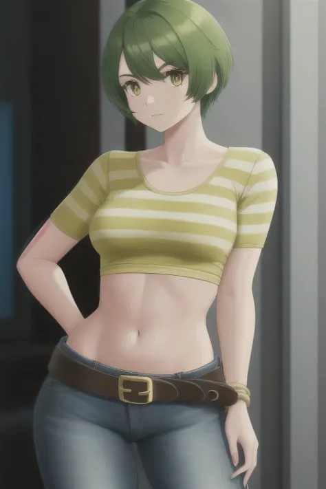 Sexy rebellious girl Medium chest tousled bright green hair short circular her eyes yellow snake shine she wears black striped yellow top shows navel and her denim brown belt battered broken 