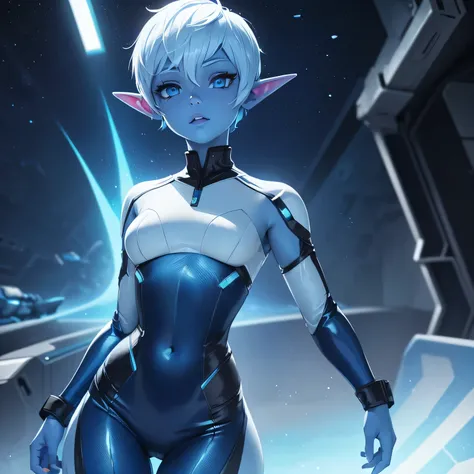 Beautiful alien woman with bright blue skin, short white hair that is shaved on the sides, blue eyes, pointed ears, a flat chest, and wide hips. Wearing a sci-fi space suit. ((bright blue skin))
