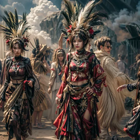 The scenes are atmospheric and open., ancient sacrificial images, Smoky and full of smoke, Birds in human costumes dance, Sunday Worship, (Detailed apparel details, Clothes with light details.), appeared softly, Detailed feather details, Complicated and co...