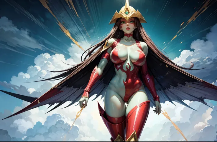 (masterpiece, best quality:1.2), intricate details, elemental hero burstinatrix, 1girl,solo, bodysuit, colored skin, helmet, lipstick, green eyes, huge breasts:1.6, long legs