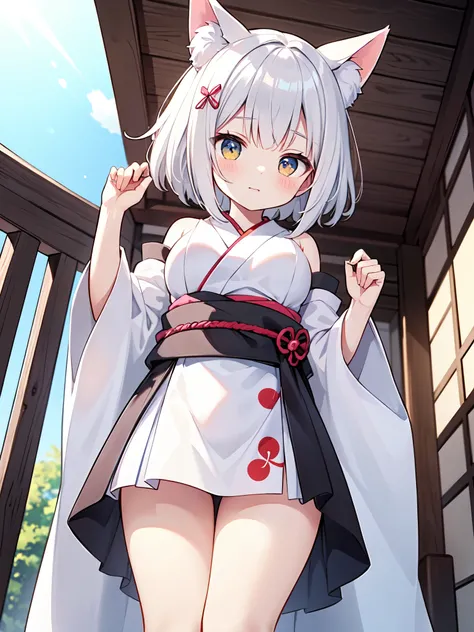 （masterpiece）、(highest quality)、((Super detailed))、(super delicate)、Erotic cute shrine maiden、silver hair、Kemonomimi、beautiful breasts、beautiful thighs、Gorgeous、fantastic light、look up from below