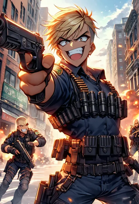 mercenary, male, male focus, muscular, blonde hair, dark brown eyes, crew cut, maniacal laugh, v-shaped eyebrow, evil smile, cle...