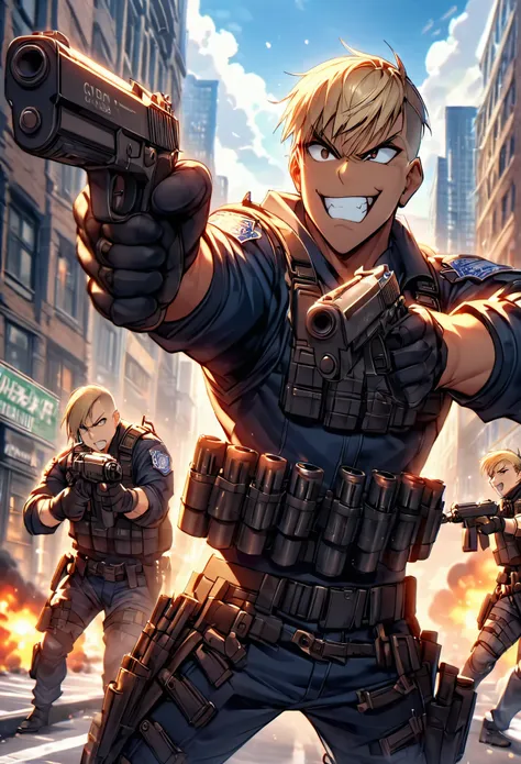 mercenary, male, male focus, muscular, blonde hair, dark brown eyes, crew cut, maniacal laugh, v-shaped eyebrow, evil smile, cle...