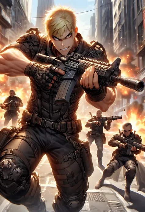 mercenary, male, male focus, muscular, blonde hair, dark brown eyes, crew cut, maniacal laugh, v-shaped eyebrow, evil smile, clenched teeth, ammunition belt, grenades, drop-down pistol holster on the right hip, holstered pistol on the right hip, (holding a...