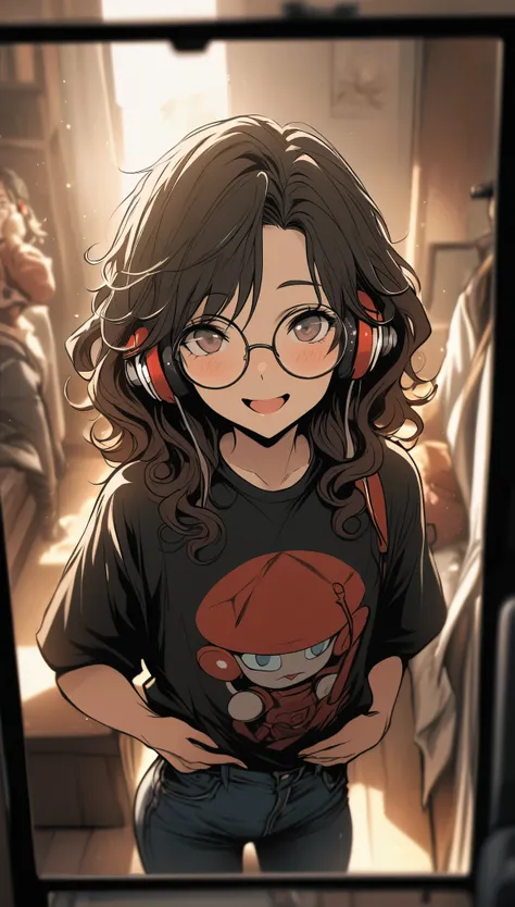 Haiyi Robot, Text 2 Picture, 11:21:31, masterpiece, best quality),1 16 year old boy, red wavy hair, round glasses, curls, Smile, Black T-shirt, wide mouth jeans, hands on waist, Headphones in ears, warm light, Blurred foreground, Posing for a selfie.  