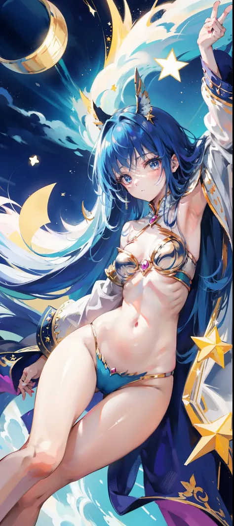 Anime star magic girl, sparkling magic girl, portrait of the magic girl, Beautiful celestial mage, magic , anime goddess, celestial magic girl, colorful gradient layered magic costume, (colorful), whimsical, charming, small breasts，open navel，Bare thighs，c...