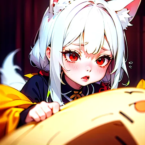 (masterpiece, best quality:1.2), Emoticon packages,red eyes，white hair，fox ears，pitiful，blush，looking down