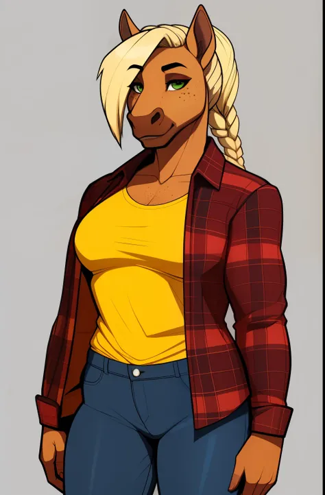 buff_mature_horse horse_snout female blonde_hair braided_ponytail orange_brown_furry_body green_eyes freckles solo Masterpiece best_quality absurdres highly_detailed well_drawn_eyes anthro_only by_claweddrip, by_greasymojo, by_underscore-b, by_runawaystrid...