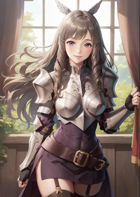 masterpiece, best quality, sumia, pink armor, hair ornament, purple dress, belt, garter straps, thighhigh boots, gauntlets, smil...