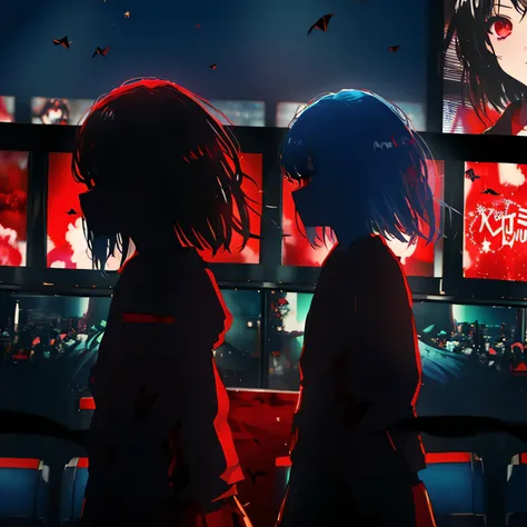 a woman with red eyes standing in front of a window, trending on pixiv, behind her is a scary atmosphere, panoramic centered view of girl, anime lighting, forced witness, glass cover, heavy makeup, (screens),A beautiful silhouette of girl with blood partic...