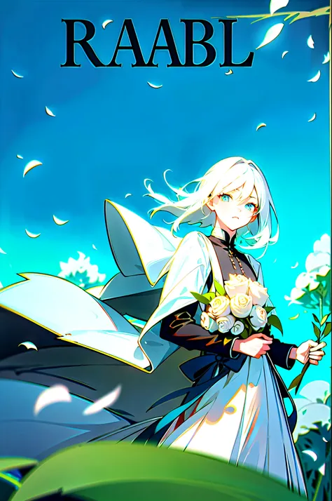 White hair blowing in the wind，holding roses in hand，petals falling，glowing blue eyes，masterpiece