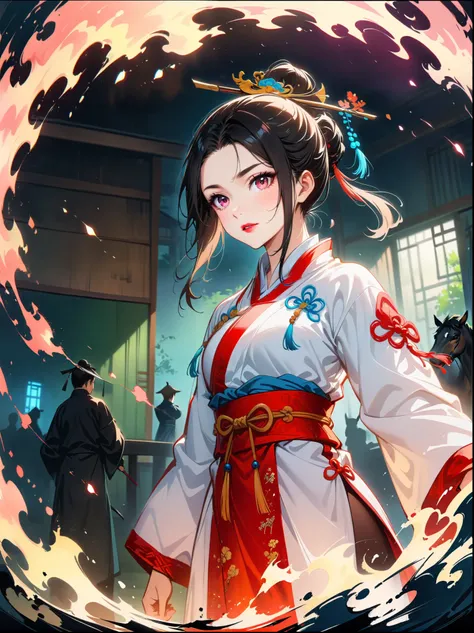 masterpiece,official art,Extremely detailed CG unified 8K wallpaper,Highly detailed,absurd,8K resolution,studio灯光,studio,Exquisite facial features,perfect face,Pink Eye Shadow,red lips,highres,1girl,stable,calm,martial arts,Traditional Chinese Clothing,(sm...